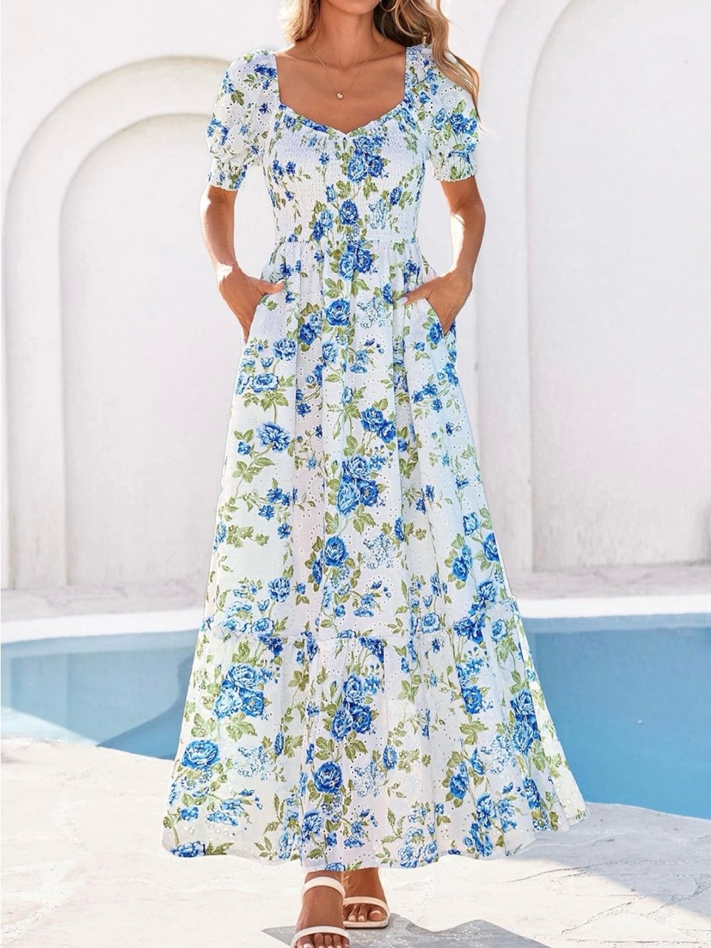 #79 Pretty Garden Blue Floral Puff-Sleeve Maxi Dress A Line Smocked Eyelet - Picture 5 of 11